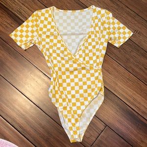 Forever 21 Yellow and White Checkered Bodysuit